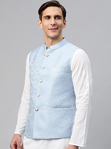 Image of MANQ Men's Sky Blue Woven Jaquard Silk Nehru Jacket