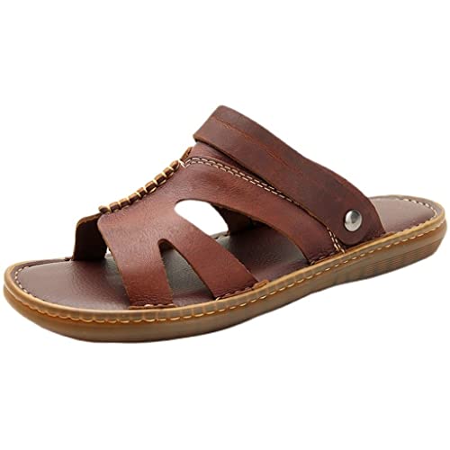 Male Outdoor Flip Flops Men Comfortable Casual Shoes Leather Men Breathable Beach Shoes Sandals(White-Patch Five-Pointed star4,43 Code)