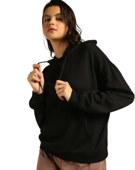 paklon Solid Long Sleeves Hooded Neck Sweatshirt with Kangaroo Pocket Hoodie for Women's | 2XL,Black-picture-19