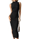 ZESICA Women's Summer Knitted Sweater Dress Sleeveless Mock Neck Ribbed Side Slit Bodycon Tank Midi Dresses,Black,Large