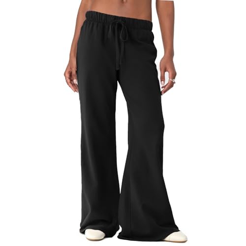 Wide Leg Sweatpants for Women Baggy Low Rise Bell Bottom Flare Sweat Pants Teen Girls Cute Yoga Joggers with Pockets