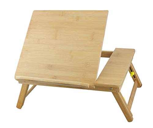 ObboMed HR-3620 Multifuncional Mesa de Bambú para Portátil/Bandeja de Cama para Desayuno/Escribir sobre el Regazo, con Tapa Basculante Ajustable y Patas Plegables y Extensibles - M : 43.5 x 31.5 cm