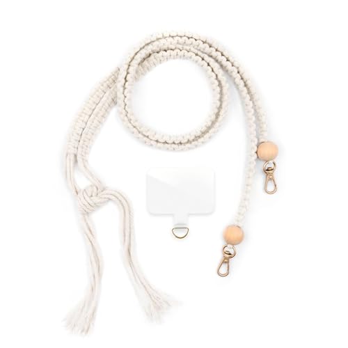 ONEFLOW Geflochtene Handykette Universal zum Umhängen lang Abnehmbar mit 2 Karabiner Holzperlen Boho Style Handyband für Handy Hüllen Kette Perlen Holz Natur Chainless Makramee Braid Beige Gold