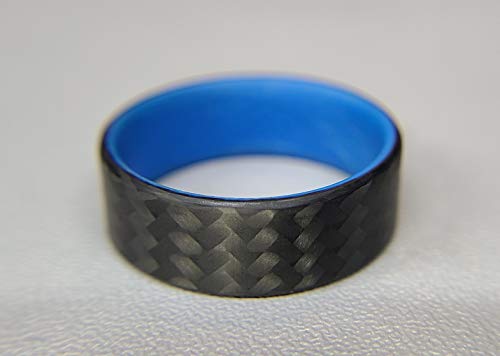 Handmade Ring Band - Men's or Women's Carbon Fiber Twill Ring with Blue Interior, Matte or High Gloss Finish, Flat Black Band, Durable, Waterproof, Sizes 4-16, Custom Band Widths4