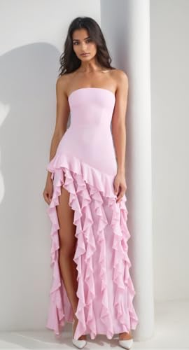 Ruffles Prom Dresses 2025 Strapless Asymmetrical Evening Party Gowns Long Slit Wedding Guest Gown ZX1062