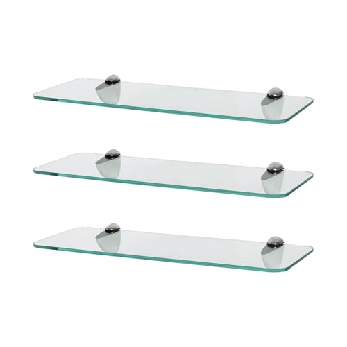 Harbour Housewares Rounded Floating Glass Bathroom Shelves - 40cm - Clear/Chrome - 3x Wall-Mounted Kitchen Bedroom Shower Room Décor Caddy Towel Storage Organiser Shelving Rack with Brackets