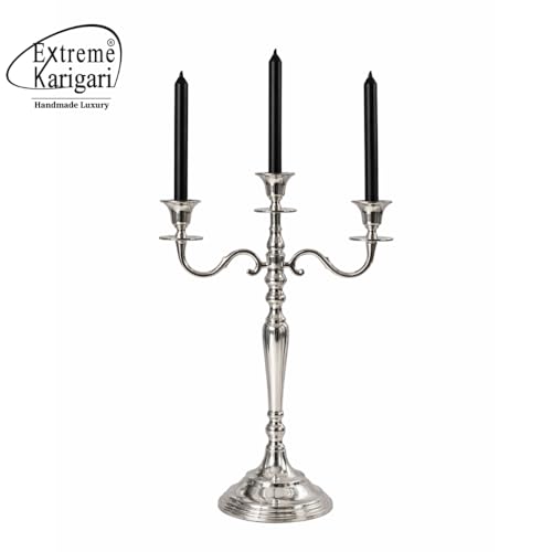 Image of 3 Arm Silver Candlestick Holder Stand | 24 Inch Tall Metal Candelabra for Wedding Centerpieces, Dining Table, Living Room & Event Decor