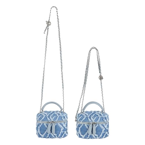 Image of Women Denim Mini Bucket Shoulder Crossbody Bag Drawstring Quilted Distressed Tassel Barrel Shape Satchel Purse