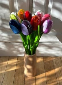 Wooden Tulips from Holland Mixed Bouquet (Large, 9 Tulips) 14.7 inch/ 34 cm Long Length Stems, for Vase Decorations Table Centerpieces for Mother's Day Easter Gifts Crafts Multicolor