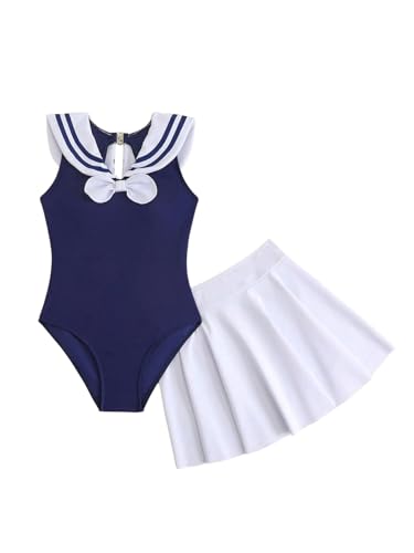SHENHE Girls One Piece Swimsuit with Cover Up Skirt Sailor Collar Striped Bow Bathing Suit Blue 11Y