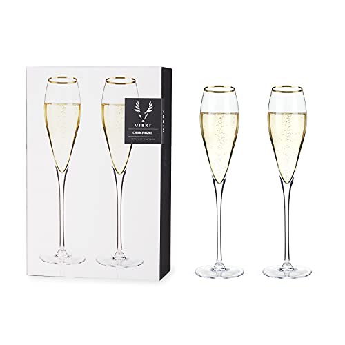 Viski Gold-Rimmed Crystal Champagne Flutes Set Of 2, No-Lead Premium Crystal Clear Glass, Modern Stemmed, Champagne Glass Gift Set, 8Oz #TOP12