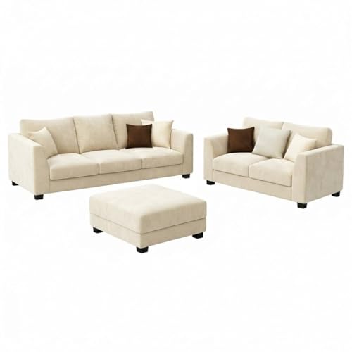 Image of SOCOZI Trevano 5 Seater Sofa Set with Ottoman (3 Seater + 2 Seater + Ottoman) | Soft Velvet Suede Fabric | Plush Comfort Cushions for Living Room (Cream)