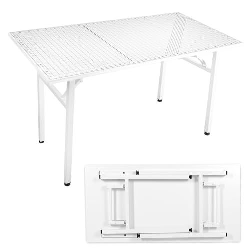 Crutello Fabric Cutting Table for Sewing Room - 48x24 inch Grid Top Folding Craft Table for Adults - Steel Folding Storage Legs for Sewing Machine, Hobby and Crafting Room