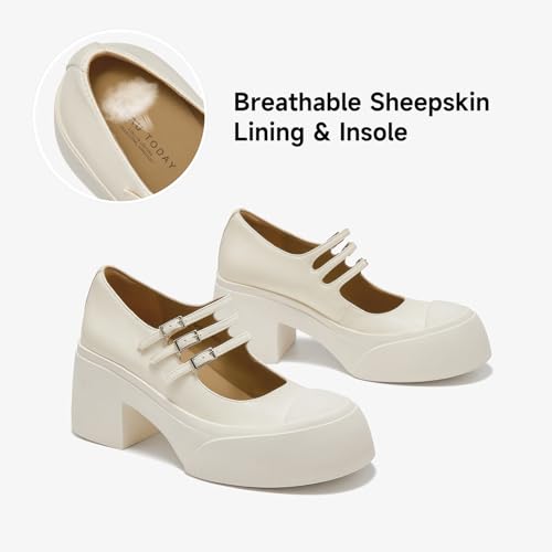 BEAU TODAY Women's Platform Mary Jane Pumps, Genuine Leather Chunky Block Mary Jane Shoes Women Heels, Closed Round Toe Dress Pumps Shoes with Buckle Strap for Office Party Casual Weeding2