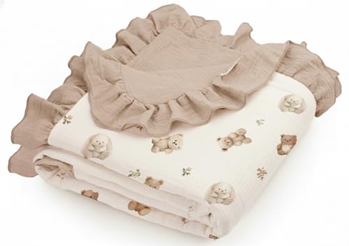Image of Muslin Ruffled Baby Blanket, Extra Large 52 x 52 Inches, Soft Breathable Cotton Crib Blanket for Newborn Infant Toddler (Teddy & Friends-Ruffled, Printed)