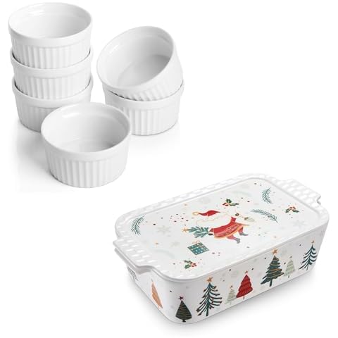 Samsle Porcelain Ramekins 4 oz +11.4in Casserole Dish With Lid, Bakeware Set For Cooking Cake Dinner Banquet and Daily Use, Oven Safe, White Baking Dish Cover