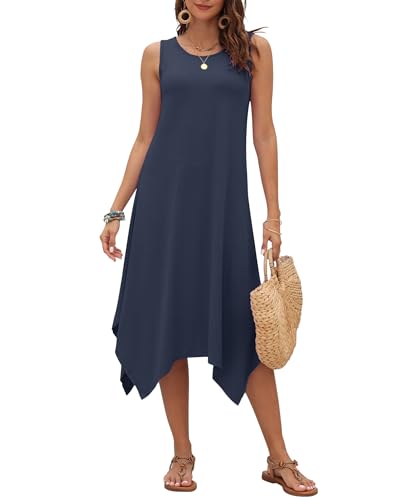 Image of AUSELILY Women's Summer Dresses Casual Sleeveless Midi Tank Beach Dress | Women's Asymmetrical Hem Sundress with Side Pockets, Great for Beach, Vacation & Daily Wear
