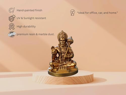 Image of Hanuman Ji Idol for Car Dashboard, Home & Office | Lord bajrangi Murti for Pooja, Mandir | Resin Balaji Statue for Protection, Positivity | Spiritual Gift Item (Gold 1)
