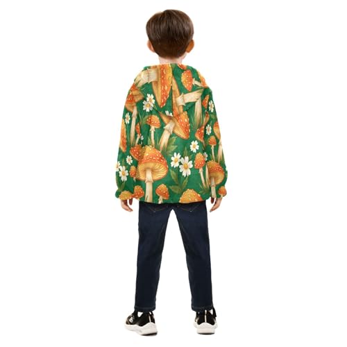 Mushroom Floral Pattern on Green Toddler Fleece Jacket Girl Boys Hooded Fleece Jacket Coat Warm Outwear Zip-up 3-10T4