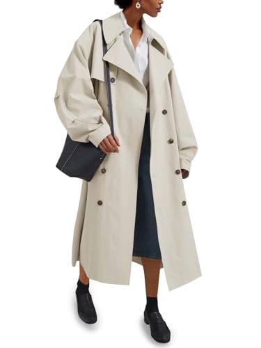 Image of Tankaneo Womens Double Breasted Long Trench Coat Oversized Classic Lapel Belted Overcoat