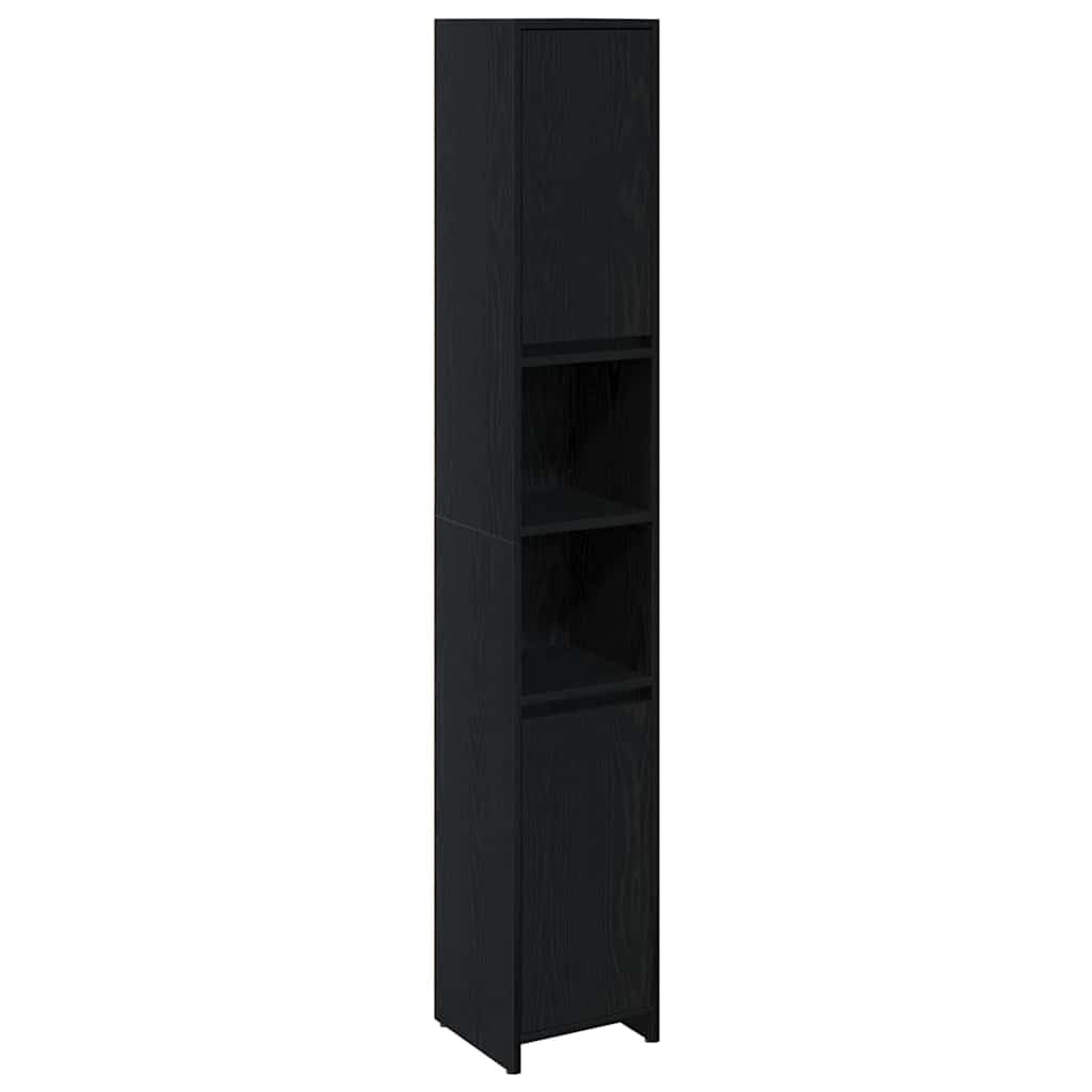 Armario alto para baño estrecho con aspecto de roble negro y estantes ajustables de madera