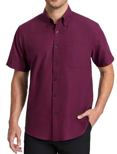 HISDERN Chemise Oxford À Manches Courtes Homme Rouge Foncé Classique Coupe Régulière Chemisette Manch Courte Uni pour Homme avec Poche, XL