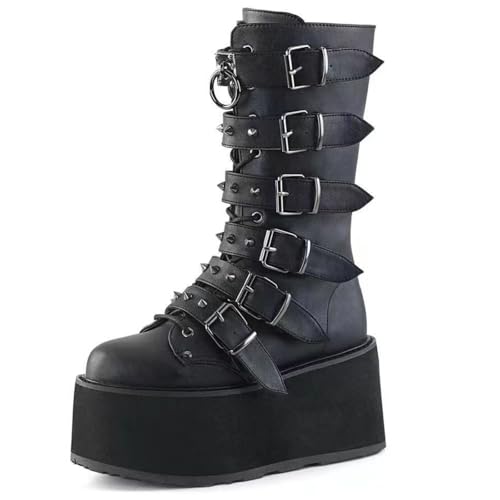 Womens Platform Mid Calf Combat Boots Chunky Booties Punk Combat Boots For Women Wedges Chunky Motorcycle Booties