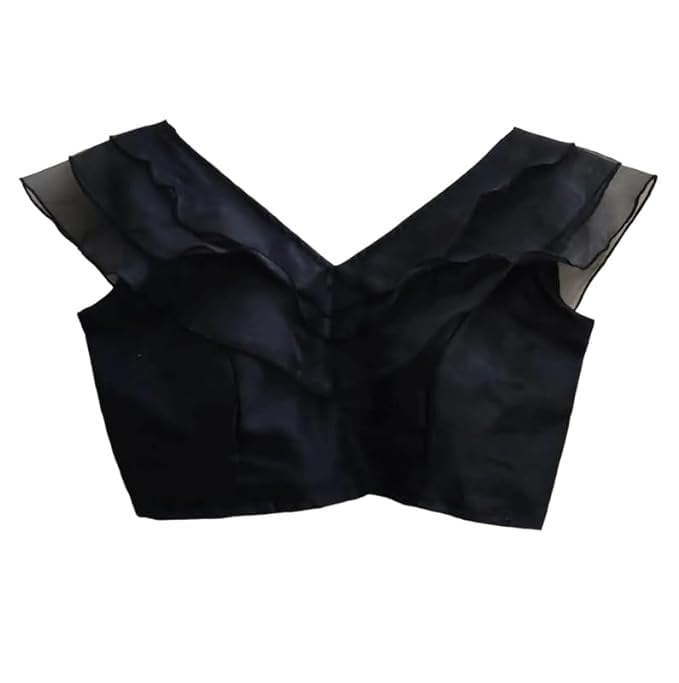 Image of Pujia Mills Women's V Neck Orgenza Three Layer Ruffle Sleeve Frill Readymade Saree Blouse