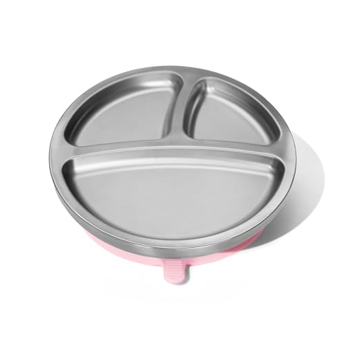 Avanchy Baby Plates with Suction Stainless Steel Divided Plates for Toddlers BPA-Free Dishwasher Safe Unbreakable Non-Toxic 100% Silicone Suction Pink