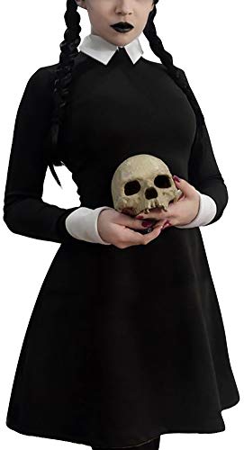 MODECRUSH Women's Casual Dresses, Halloween Costume Wednesday Dress Long Sleeve White Collar A-Line Swing Pocket Dress for Women and Black L