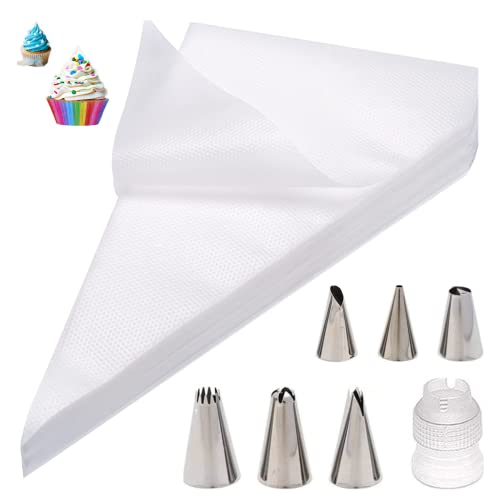 KowyKo Einwegspritzbeutel,Spritztüte Set 100 Stück Piping Bags+6 Spritztüllen+1 Kuchen Kupplung für Spritztüllen,BackzubehörTorten Dekoration Set für Cupcakes