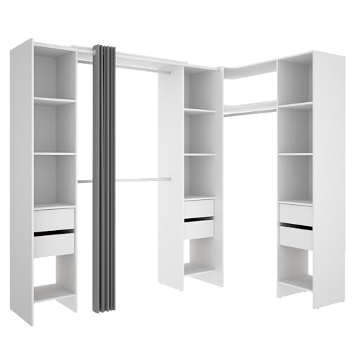 DEKIT GRUPO RIMOBEL SUIT - Conjunto de Vestidor rinconero con dos columnas, zona de barras y cortina - Blanco - 205 x 164-234 x 141 cm