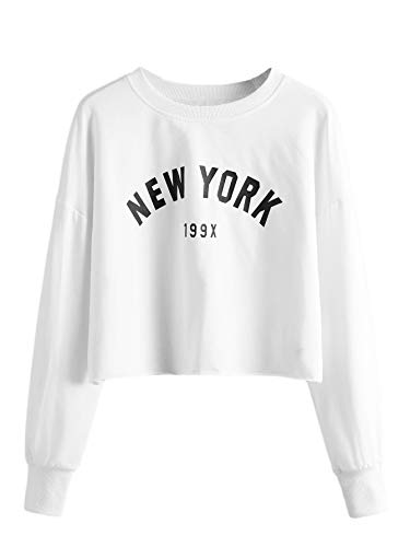 DIDK Women s Letter Print Long Sleeve Crop Top Sweatshirt Hoodies White XL