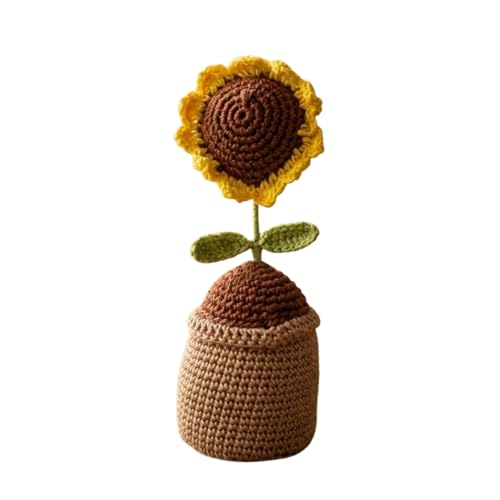 Image of eCraftIndia Brown Artificial Handmade Crochet Sunflower with Pot for Table Decor Car Dashboard Home Office Decoration Item