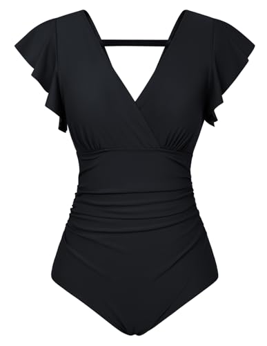 GRACE KARIN Women's One Piece Swimming Costume Ruched Tummy Control Ruffle Sleeve Wrap V Back Swimwear Bathing Suit
