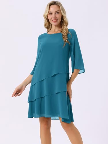 Image of Seta T Women's Chiffon Dresses 3 /4 Bell Sleeve Crewneck Tiered Layered Flowy Dress Party Wedding Outfits