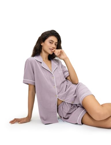Image of BESTOUCH Womens Pajama Sets: 100% Cotton Muslin Linen Feel | Button Soft Comfy Breathable Classic Sleep Pjs 2 Piece