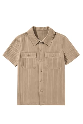 blibean Boys Button Down Shirts Kid Summer Short Sleeve Dress Dressy Shirt 2025 Fashion Collared Photo Picture Uniform School Clothes Size 12-13 Year Old Khaki