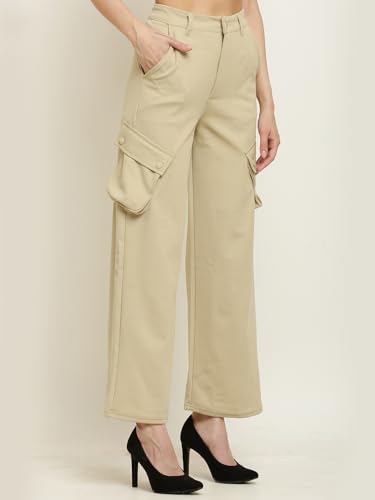 Image of Fashion Women's Casual Cargo Pants Flared High Waist Relaxed Fit Stretchable Parallel Trousers