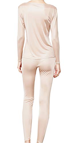 Metway Women's Silk Long Johns |V-Neck Silk Thermal Underwear Sets|Winter Silk Long Underwear Medium Beige #TOP2