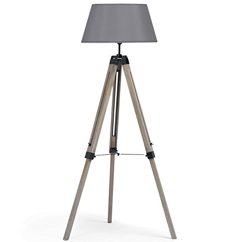 IDMarket - Lampadaire trepied Bois foncé réglable Gris