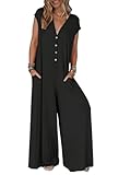 MEROKEETY Women's 2025 Summer Cap Sleeve Jumpsuits Deep V Neck Button Onesie Wide Leg Pants Rompers, Black, L