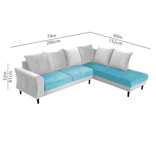 Image of Gratly RHS 4 Seater L Shape Sofa Set for Living Room (Turquise Grey Colour) Premium Fabric Sofa