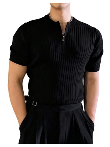 Men's 1/4 Zip Pullover Top Ribbed Short Sleeve Sweater Casual Knit Tops