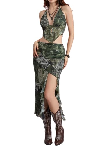 Image of Verdusa Women's 2 Piece Boho Skirt Sets Going Out Backless Halter Top with Split Skirt Rave Festival Outfits Western Clothes