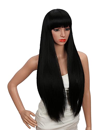 Image of Tressedup hair Women's Silky Long Straight Black Wig Heat Resistant Synthetic Wig With Bangs Hair Wig for Women