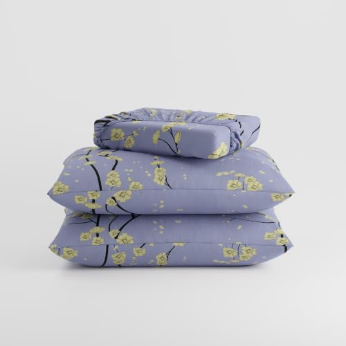 Image of BLISSHOME SoftTouch 140TC Cotton King Size Fitted Bedsheet with 2 Pillow Covers, Silky Smooth Bedding Set, Breathable, Easy Maintain, Floral Print - Lavender, Yellow (182cm x 198cm x 25cm Drop)