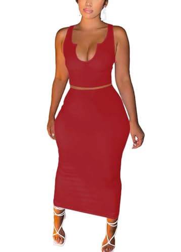 Image of Women Sexy Two Piece Skirt Outfits Long Sleeve /Sleeveless V Neck Bodycon Ribbed Knitted Maxi Club Party Dress
