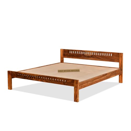 Image of SANKAT MOCHAN Industries Solid SHEESHAM Honey Brown Wooden King Size Bed Double Bed Furniture for Bedroom Living Room, Hotel & Hostel Rooms (Matters Size 72 * 78 INCHES) (Honey Finish)