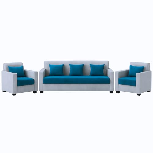 Image of Furny Lexman 5 Seater Fabric 3+1+1 Sofa Set (Aqua Blue-Light Grey) | Soft Velvet Fabric | Modern Design | Comfortable Seating | Living Room Furniture